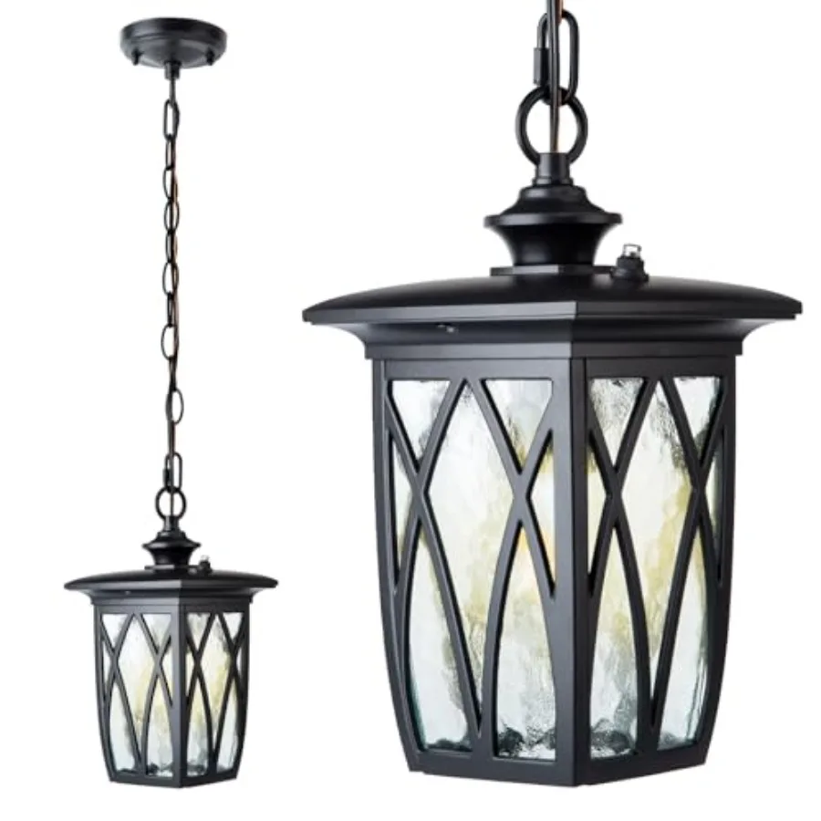 

Outdoor Pendant Lantern 12 Inch Craftsman Style Exterior Hanging Light with Water Ripple Glass Traditional Outdoor Chandelier f