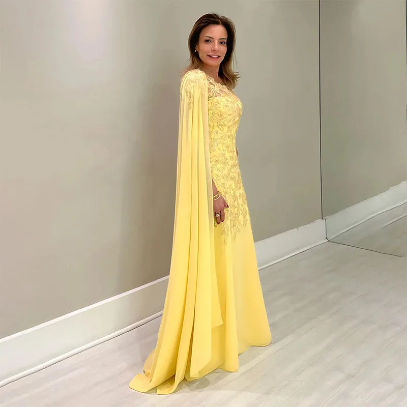 Classy Yellow Mermaid Mother Of The Bride Dresses Lace Appliqued Wedding Guest Dress One Shoulder Floor Length Evening Gowns