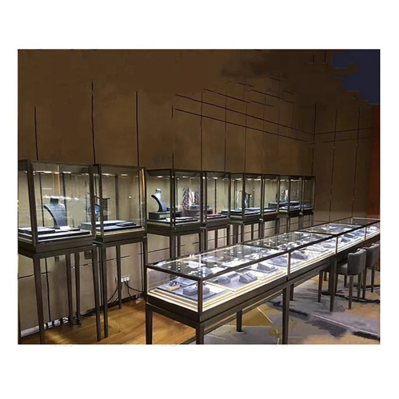 

Custom. stainless steel jewelry store glass counter modern jewelry store design metal glass display for jewelry