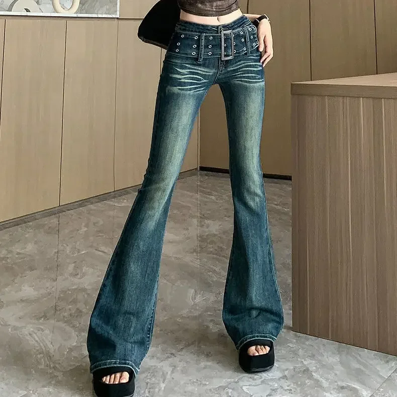 Spring Autumn Retro Gradual Change Micro Horn Jeans Women's Design Sense American High Waist Stretch Slim Horseshoe Mop Pants