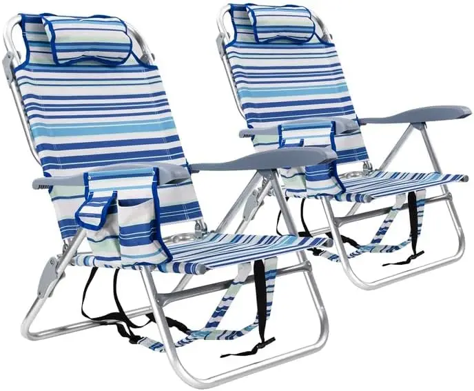 Backpack Beach Camping Chairs 8 Positions Lay Flat 2 Pack Lightweight Folding Adjustable Headrest Pouch Cup Holder Outdoor Lawn