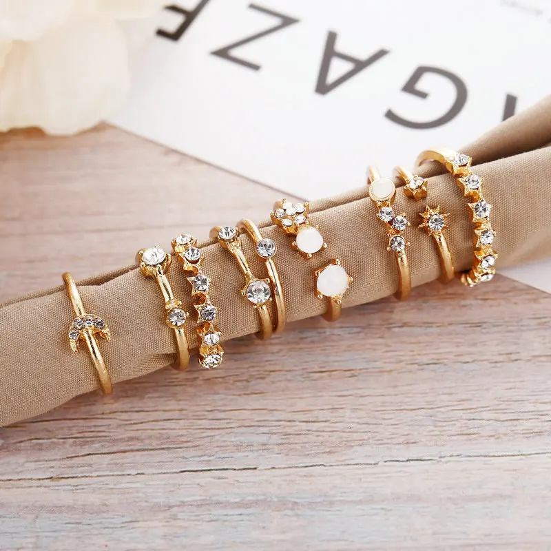 2025 New Moon Star Gold-Tone Knuckle Ring Set Woman Adjustable Stackable Rings Boho Gift For Women Trendy Accessory
