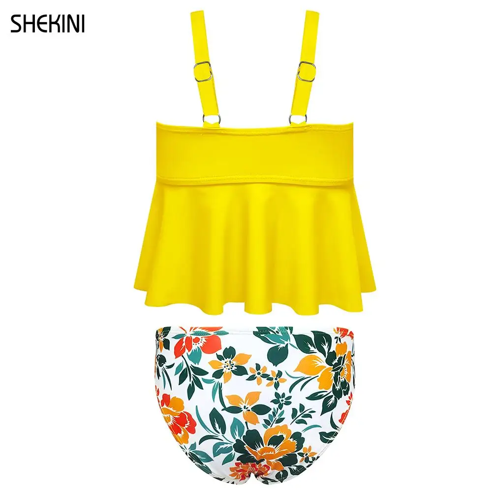 SHEKINI 6-14 Years Girls' Floral Print Tankini Adjustable Bikini Sets Two Piece Swimsuits Ruffed Flounce Top Floral Swim Bottom