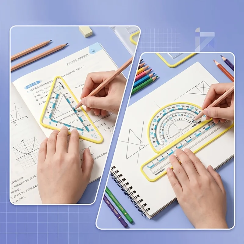 1Sets Multifunctional Geometric Rulers, Metric & Imperial, Protractor Triangle Straightedge, Storage Bag, School Office Supplies