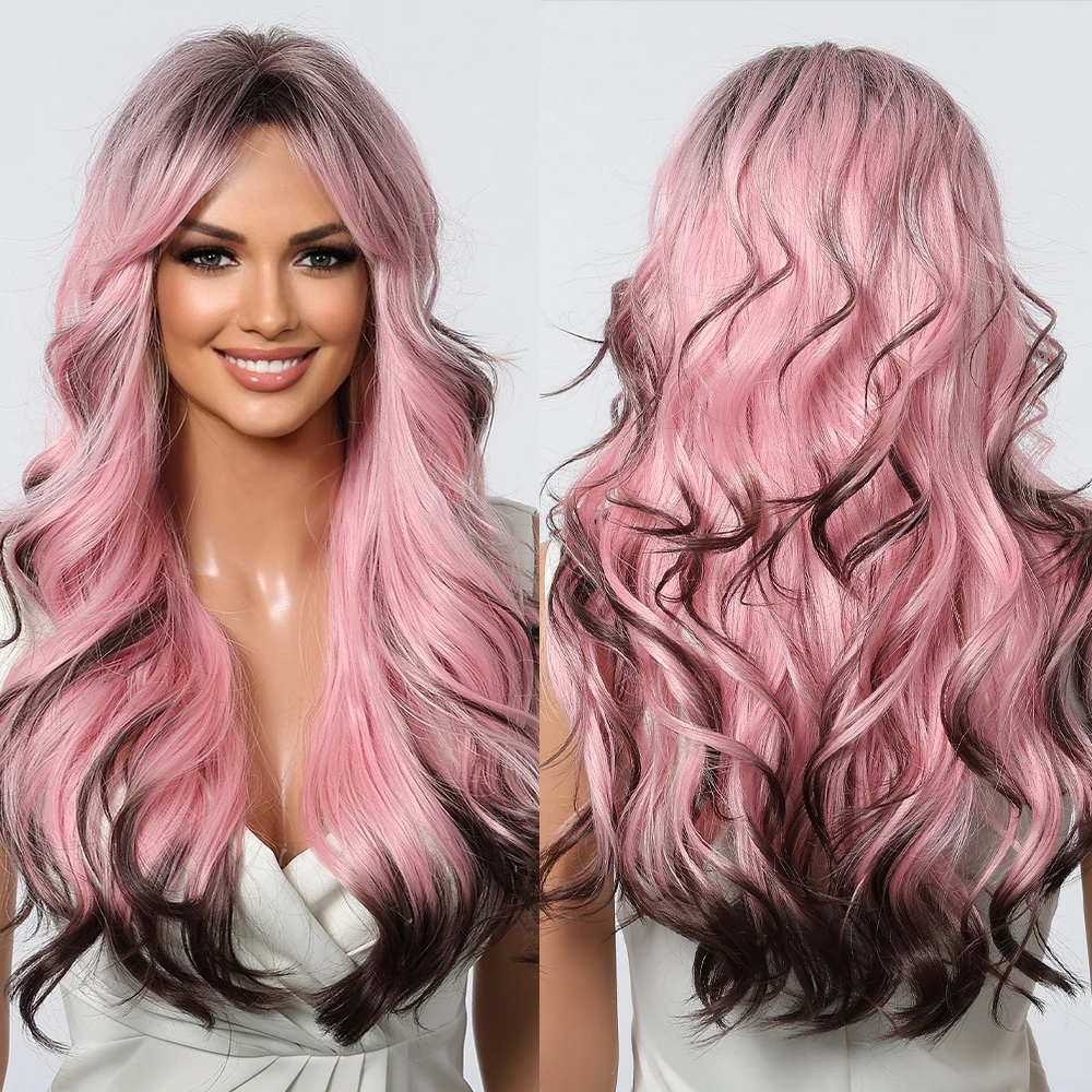 Black Pink Ombre Synthetic Wigs Long Body Wave Colored Wigs with Bangs Loose Wave Wig for Afro Women Brazilian Halloween Cosplay