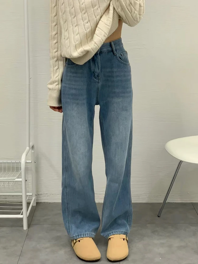 Jeans droits baggy doublés de velours en peluche pour femmes, pantalons en denim, vêtements de neige d'hiver, bleu clair, fjKorea SemiVaqueros, Streetwear