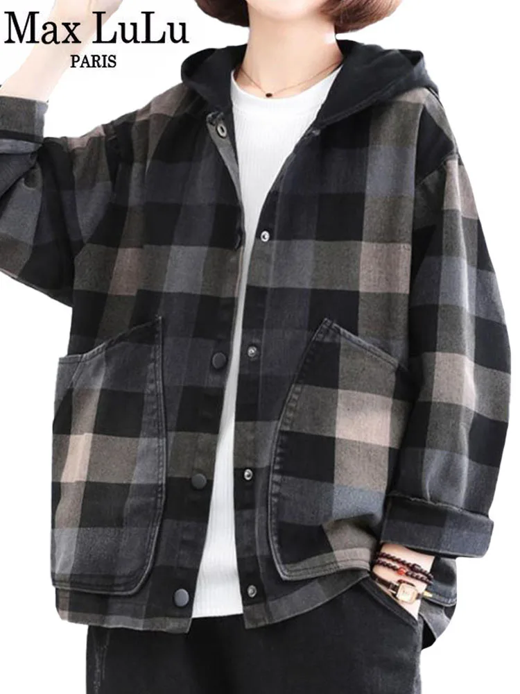 Max LuLu 2022 Neue Herbst Stil Plaid Gedruckt Jacken Mit Kapuze Frau Taschen Vintage Kleidung Damen Lose Beiläufige Tasten Mäntel