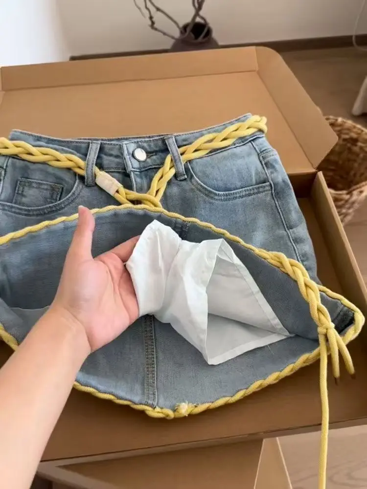 한국 스타일 틈새 대비 컬러 데님 짧은 치마 세련된 다목적 하이 웨이스트 a 라인 스커트 여름 새 여성 의류
