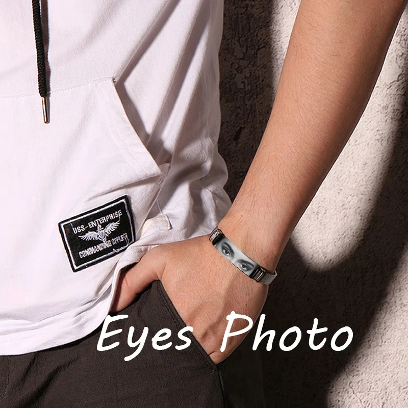 Punk Custom Bracelet For Men Engraved Name Spotify Code Eyes Photo Personalized Laser Carve Stainless Steel Bangle Jewelry Gifts