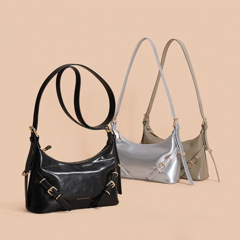 New Women Half Moon Crossbody Bag Female Genuine Leather Underarm Bag Small Handbags All-match Girls Shoulder Messenger Bag