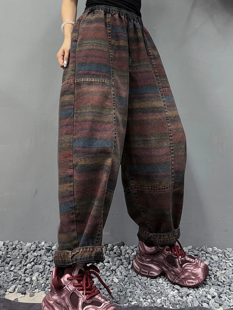 Amax LuluE الخريف الكورية جينز غير رسمي المرأة الكلاسيكية مخطط موضة خمر الدنيم السراويل السيدات فضفاضة مرونة الخصر الحريم بنطلون