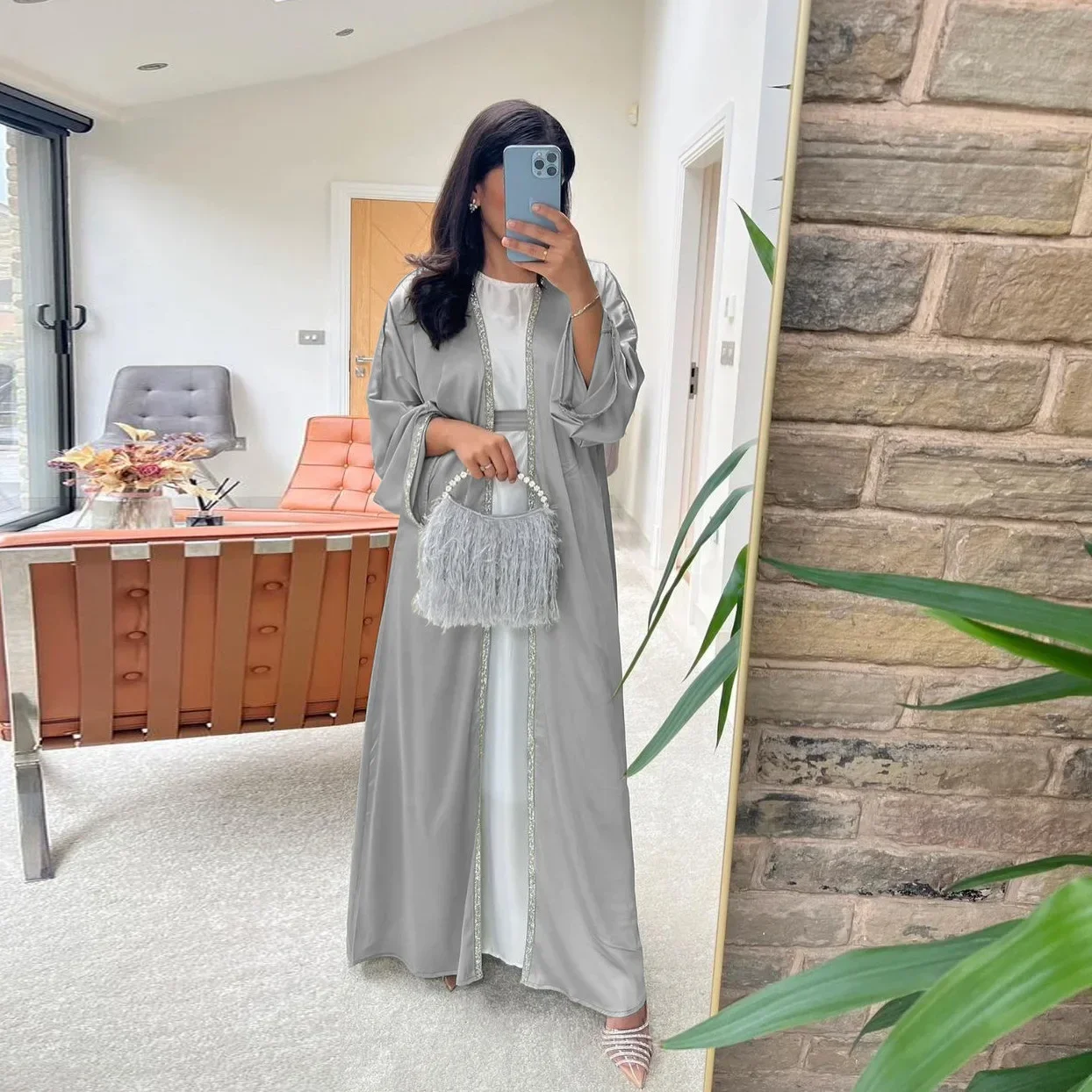 Eid cetim liso abaya quimono vestido muçulmano diamante aberto abayas para mulheres dubai turquia outwear roupas modestas islâmicas kaftan robe