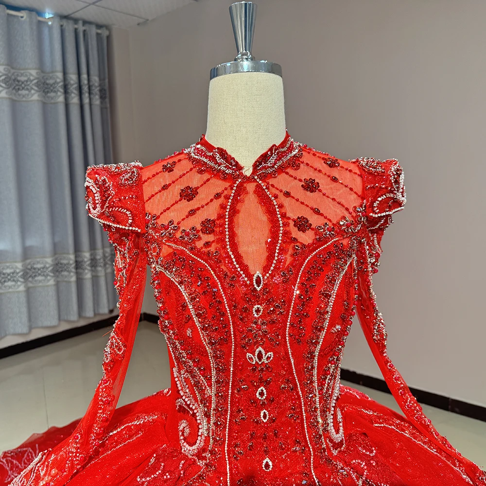 Customized Luxury Red Heavy Beaded Bridal Dress Delicate Pearls Sequin Long Sleeve Wedding Dresses Dw0060