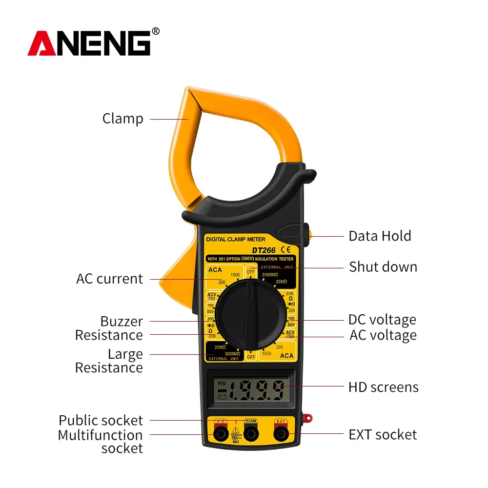 ANENG DT266 LCD 1999 Count Digital True RMS Professional Clamp Meter ACDC Current Voltage Tester Data Show Auto Multimeter Clamp