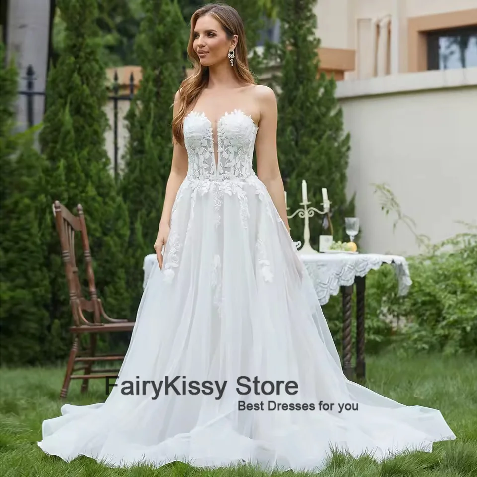 FairyKissy-vestidos de novia elegantes de encaje para mujer, vestidos de novia brillantes con escote en V profundo, vestido de novia con forma de corazón para mujer