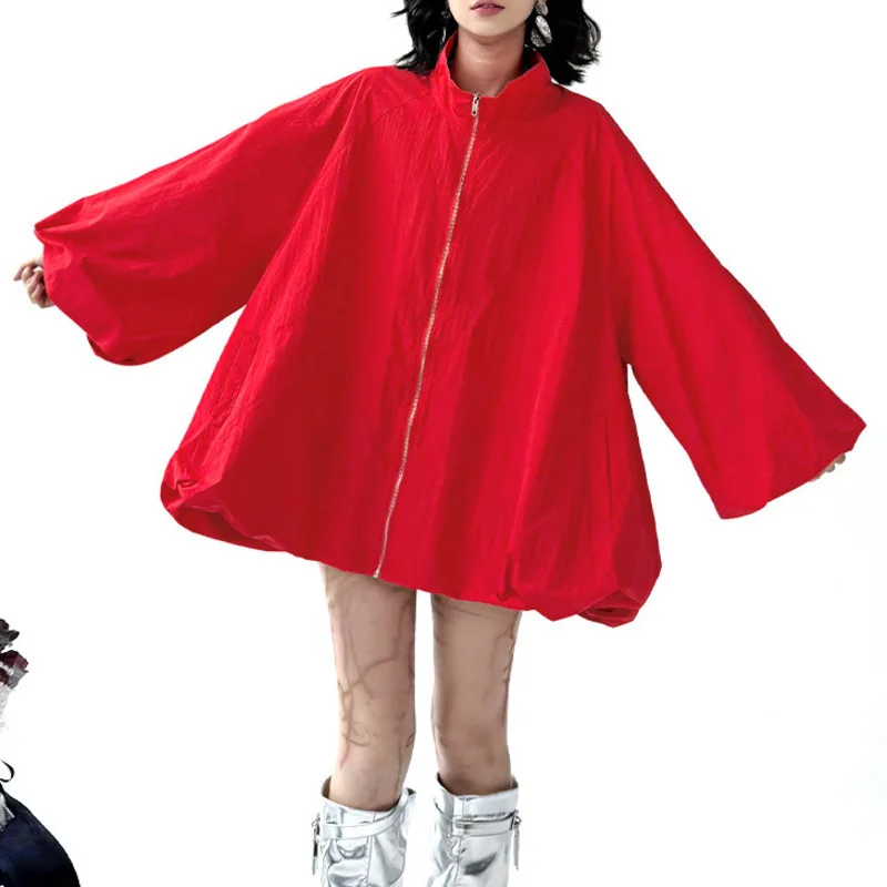 HKSH Frühling Herbst Neue Frauen Jacke Übergroßen Stehkragen Lange Laterne Hülse Zipper Einfarbig Streetwear Trendy Mantel HK12570