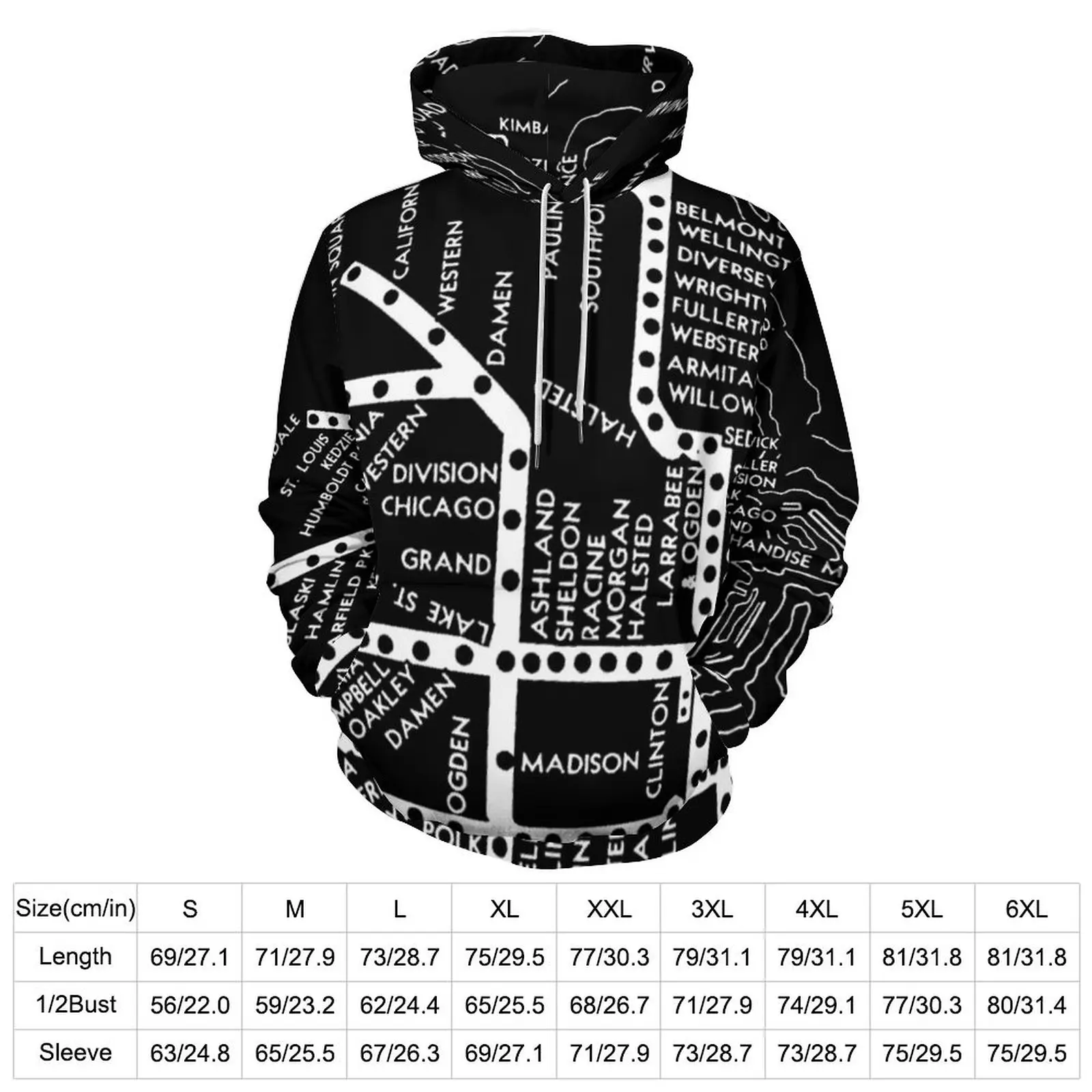 Vintage Map Hoodies Chicago  Train Print Street Style Oversized Hoodie Men Long Sleeve Elegant Casual Hooded Sweatshirts