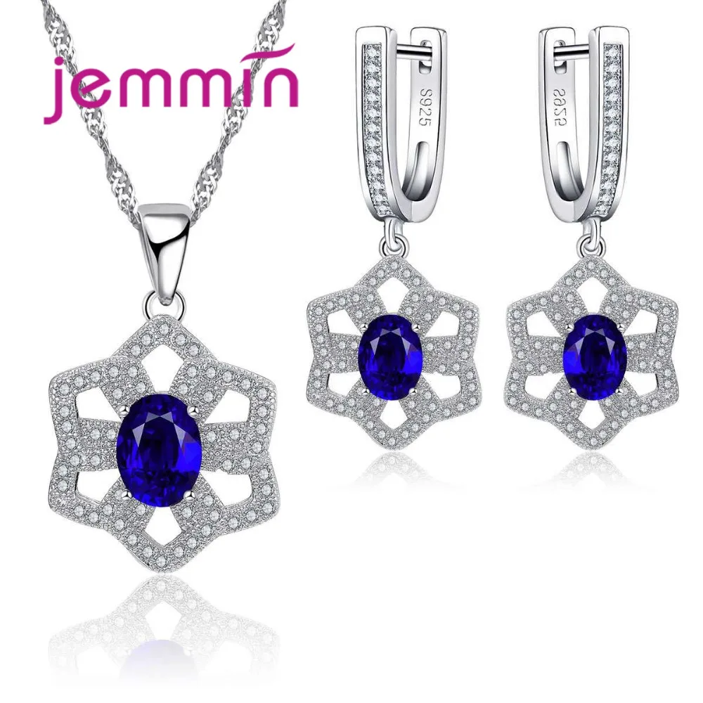 Luxurious 925 Sterling Silver Geometry Blue Crystal Zircon Necklace Drop Earrings Set for Women Girls Wedding Party Jewelry Gift view 2
