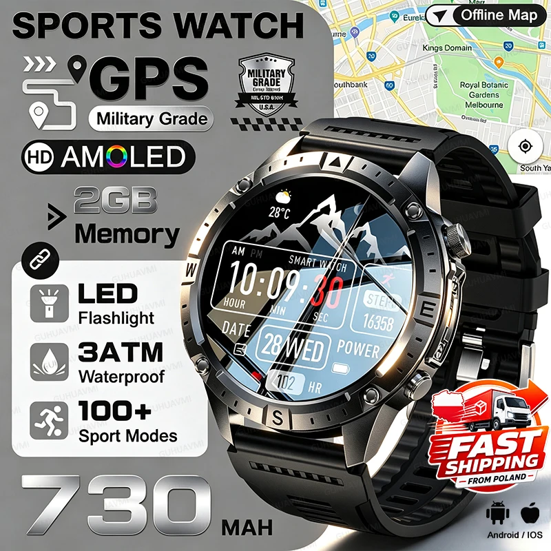Montre intelligente avec carte hors ligne 2026, écran de 1,43 pouce, GPS, suivi de mouvement, boussole, altimètre, lampe de poche LED, plus de 100 modes sportifs, étanche 3ATM, appel Bluetooth, pour hommes et femmes.