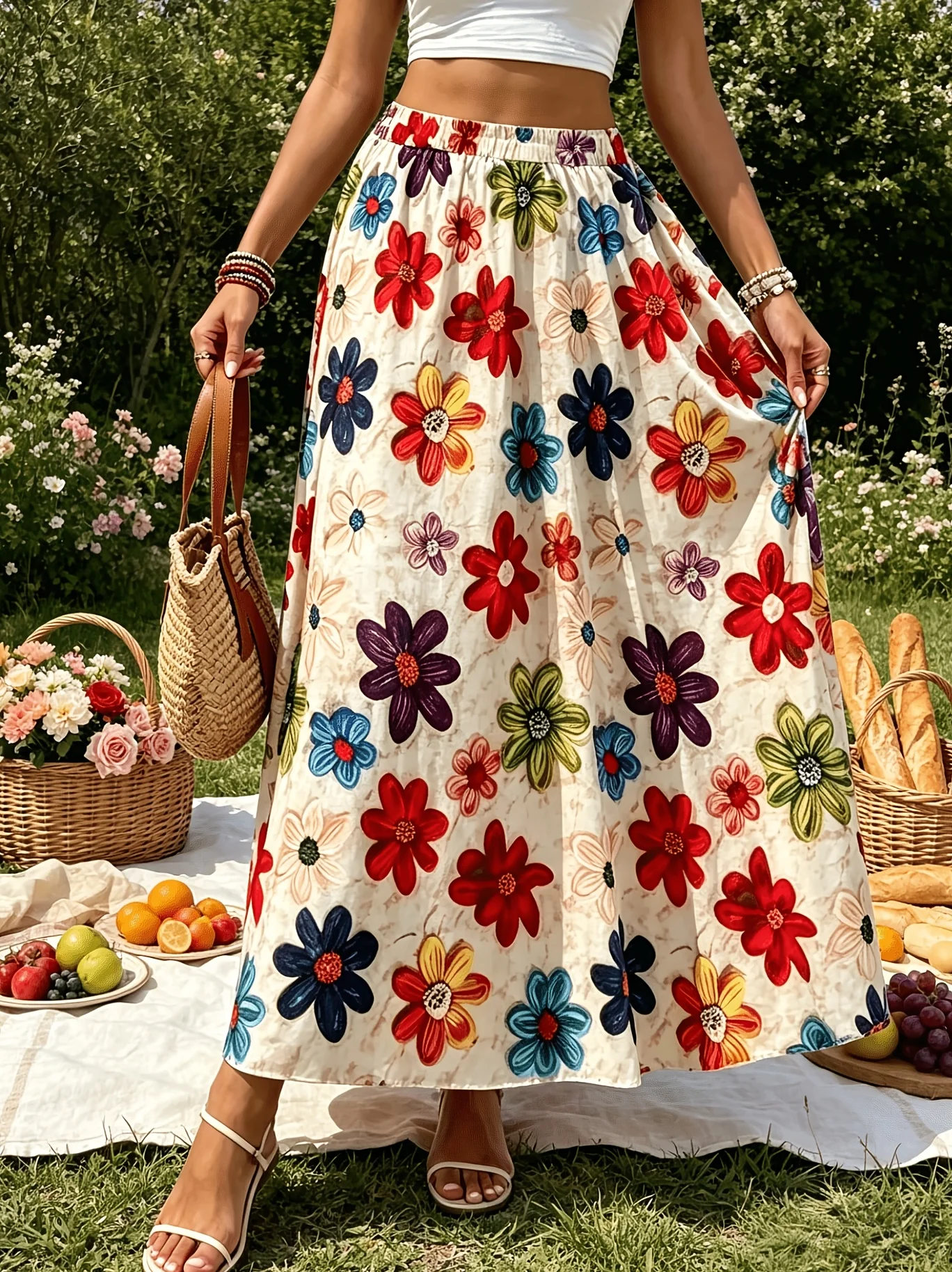 Barcode Elegant Women'S Cake Skirt Patchwork Skirt, Three-Tiered Construction, Full Skirt, Elastic Waistband