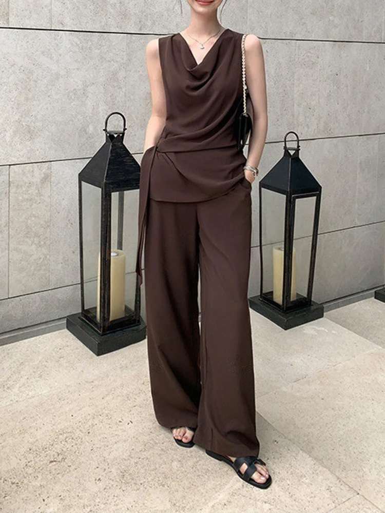 Spring Brown Casual Pants Suit Women Sleeveless Draped Neckline Lace Up Top+high Waist Loose Wide-leg Pants Autumn Two Piece Set