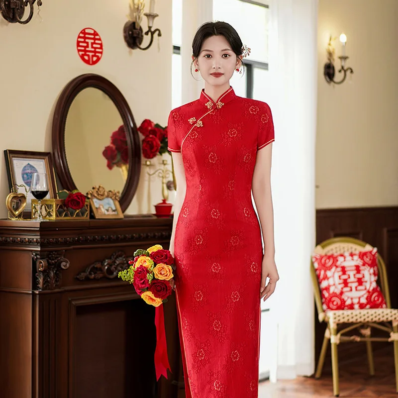 

4 Colors Women Plus Size Long Lace Cheongsam Dress Vintage Wedding Dress Slim Improved Traditional Qipao M To 4XL