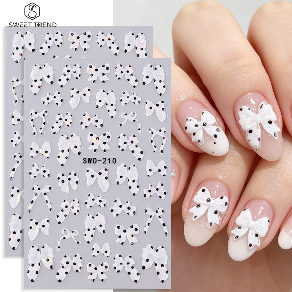 2 Stück geprägte weiße Polka-Dot-Schleifen-Nagelaufkleber, selbstklebende Aurora-Schleifen-Nagelsticker, elegante DIY-Maniküre-Dekorationszubehör.