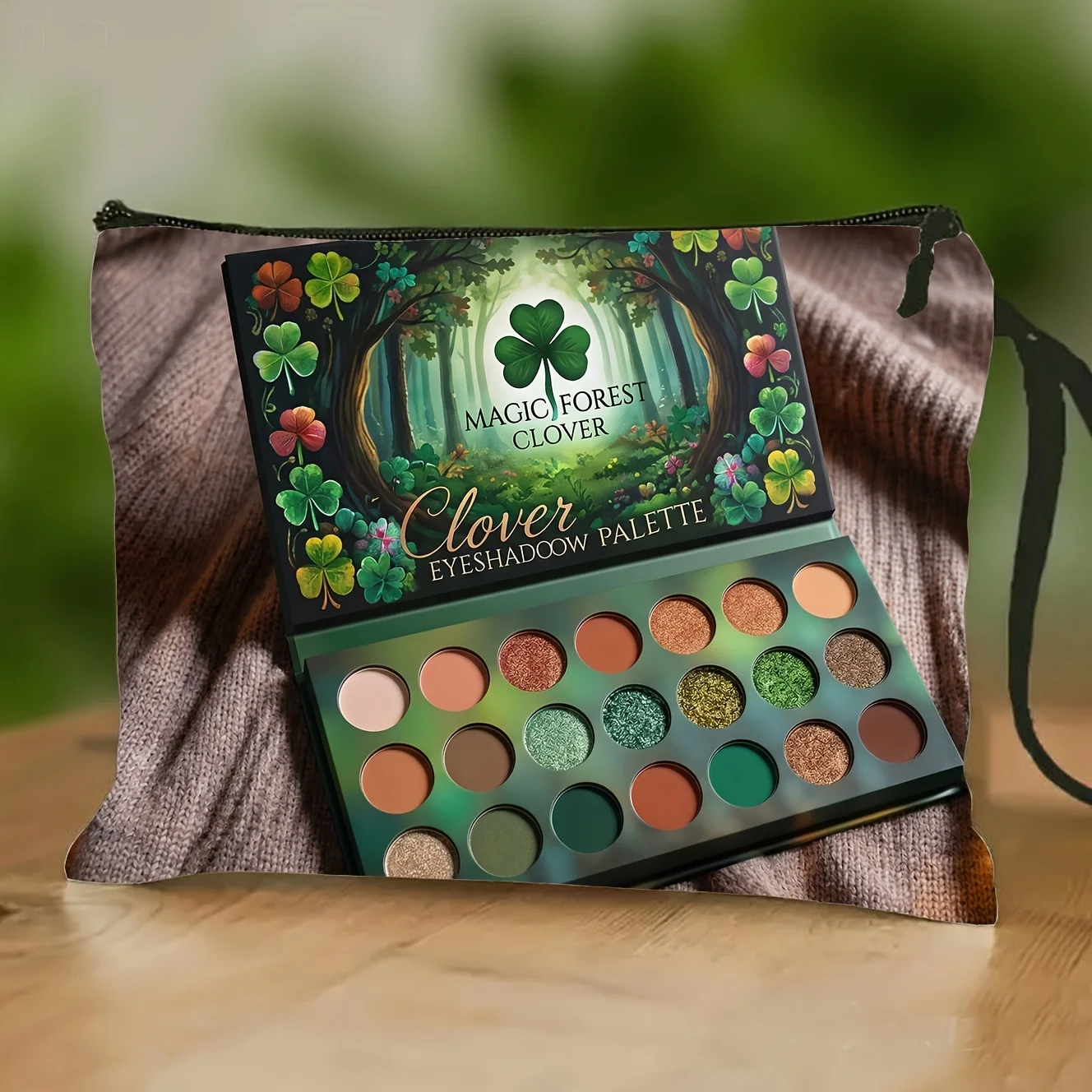 

Convenient Makeup Bag with a Three-Leaf Clover Pattern Featuring a Green Magical Forest Design Perfect for Travel As a Stylish