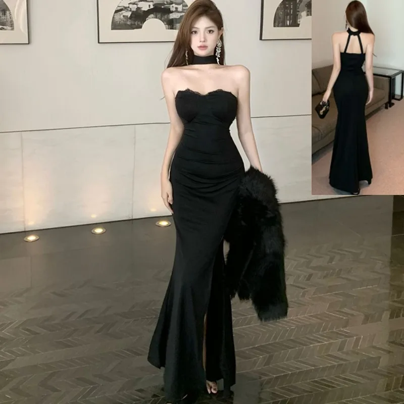 프랑스 사교계 시크 블랙 스트랩리스 홀터넥 이브닝 드레스 여성 우아한 레이스 섹시 백리스 바디콘 슬릿 정장 드레스 신상