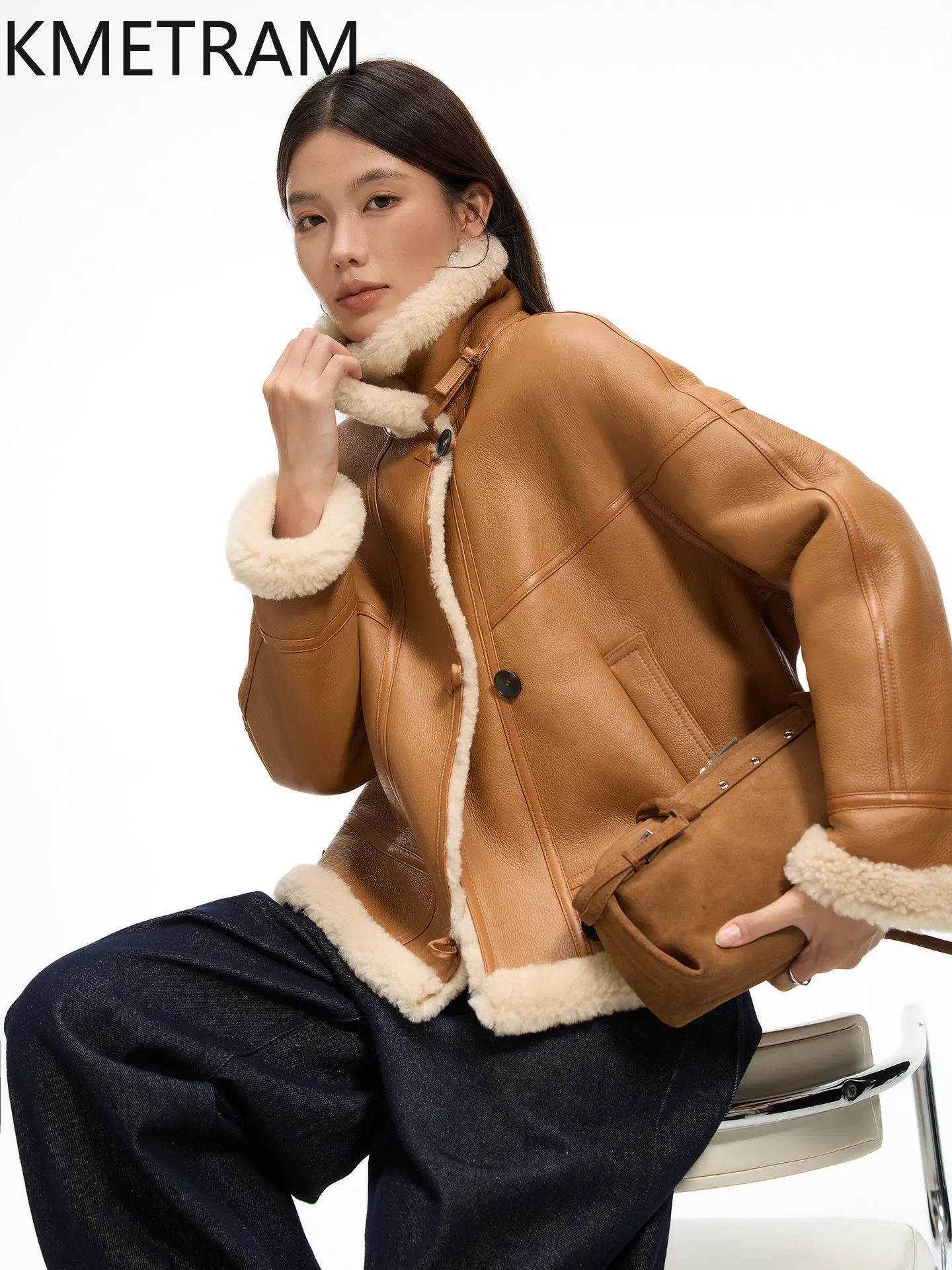 KMETRAM Natural Merino Sheepskin with Wool Attached Coat Short Real Fur Jacket 63cm Fashion Winter Coats Woman Clothes 2026 шуба