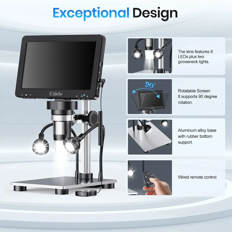 Elikliv EDM9 7 Inch 1080P LCD Digital Microscope 50X-1200X Soldering Electronics Microscopes With LED Lights Support PC Computer