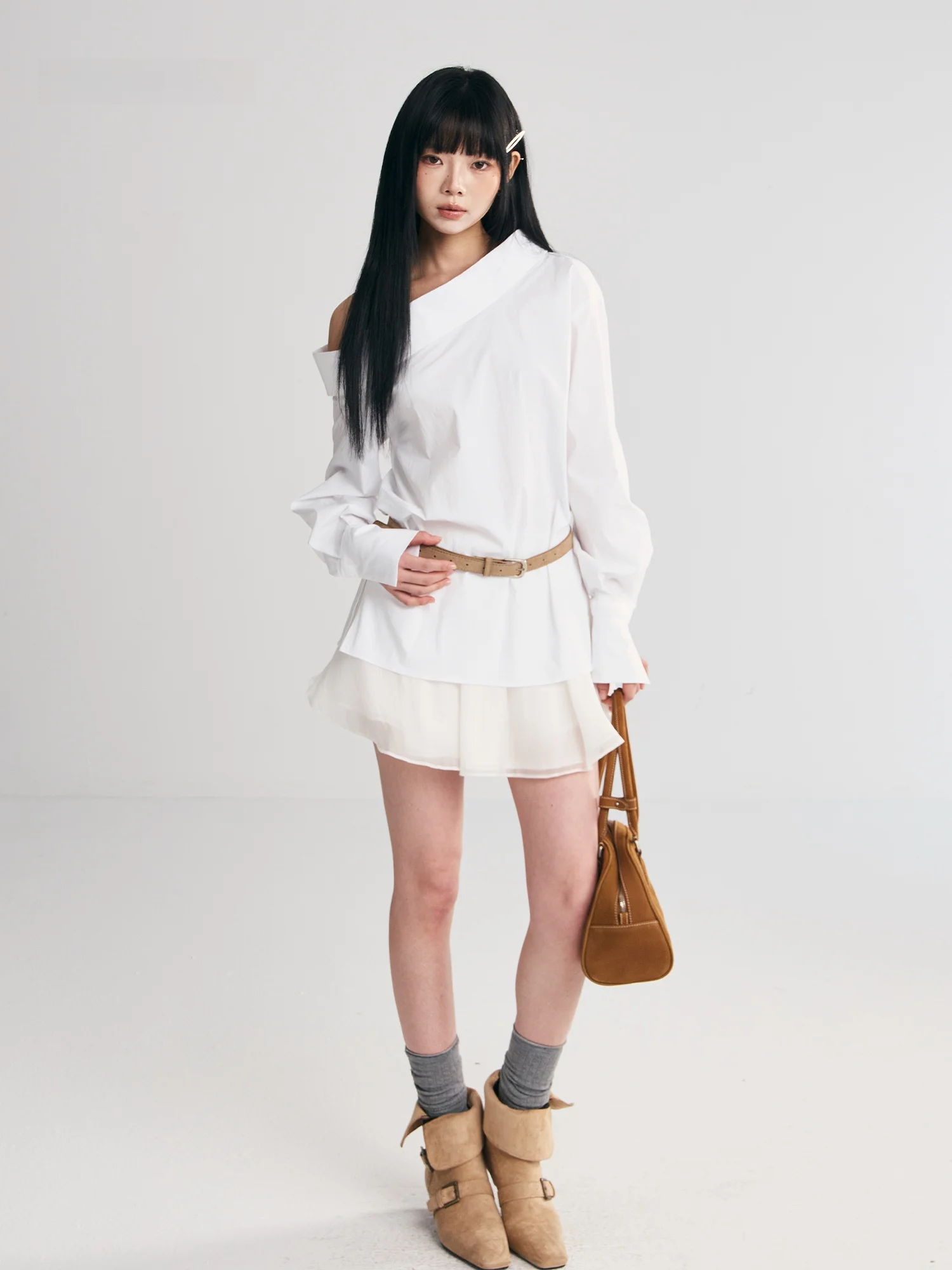 

Andasaya Women's One-oulder Long Sve irt Collared Loose Fit Lazy Sle Color Commute Faion Polyester Cotton