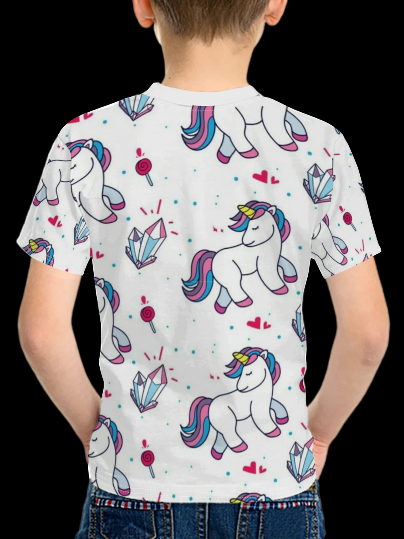 Cartoon Unicorn Print Kids T-Shirt, White Background Heart Lollipop Crew Neck Short Sleeve Top