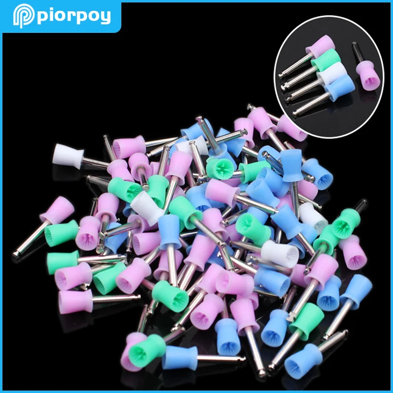 PIORPOY 100 Pcs/Box Dental Polishing Cups Brush Prophy Nylon Metal Latch Flat Mixed Color Disposable Oral Care Dentistry Tools