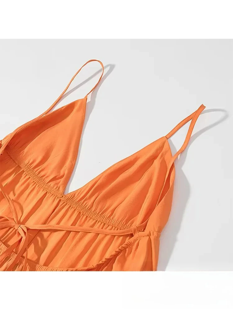KONDALA Abito da donna arancione sexy chic Solido scollo a V profondo Backless Bow Cami Dress Abito da spiaggia per feste estive di nuova moda