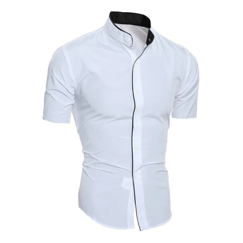 Summer Men Stand Collar Short Sleeve Dress Shirts Stretch Soft Polyester Fabric Breathable Non-stuffy Business Casual