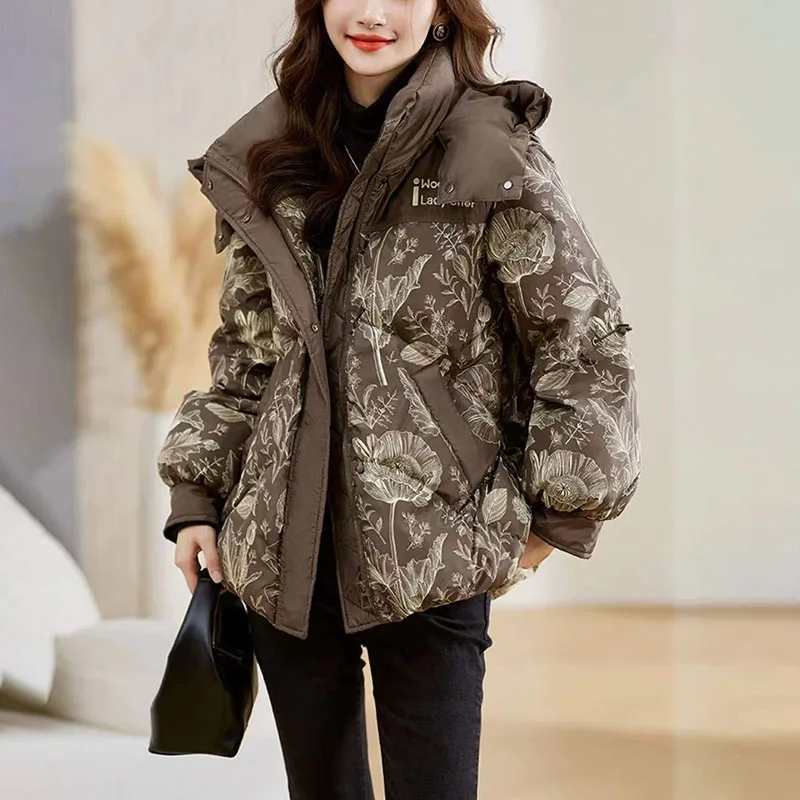 

Высококачественная женская зимняя теплая пуховая хлопковая куртка с принтом, толстая женская стеганая парка со съемным капюшоном