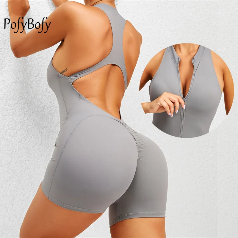 

PofyBofy New Removable Bra Padded Chest Zipper Scrunch Butt Lifter V Backless Yoga Sleeveless Jumpsuit Rompers Workout Gym Short