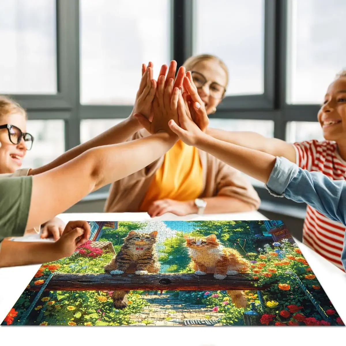 Kittens in Flowers 300/500/1000 Pcs Jigsaw Wooden Puzzle for Gameroom Bedroom Livingroom Decor Relieve Stress Relax The Brain