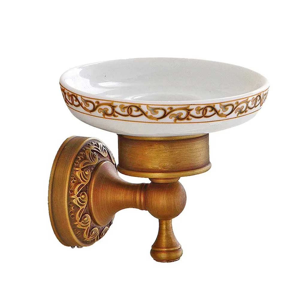 

Vintage Brass Soap Shelf with Ceramic Tray Wall Mounted Rust Proof Bathroom Accessories Decorative Soap Holder Drain Design
