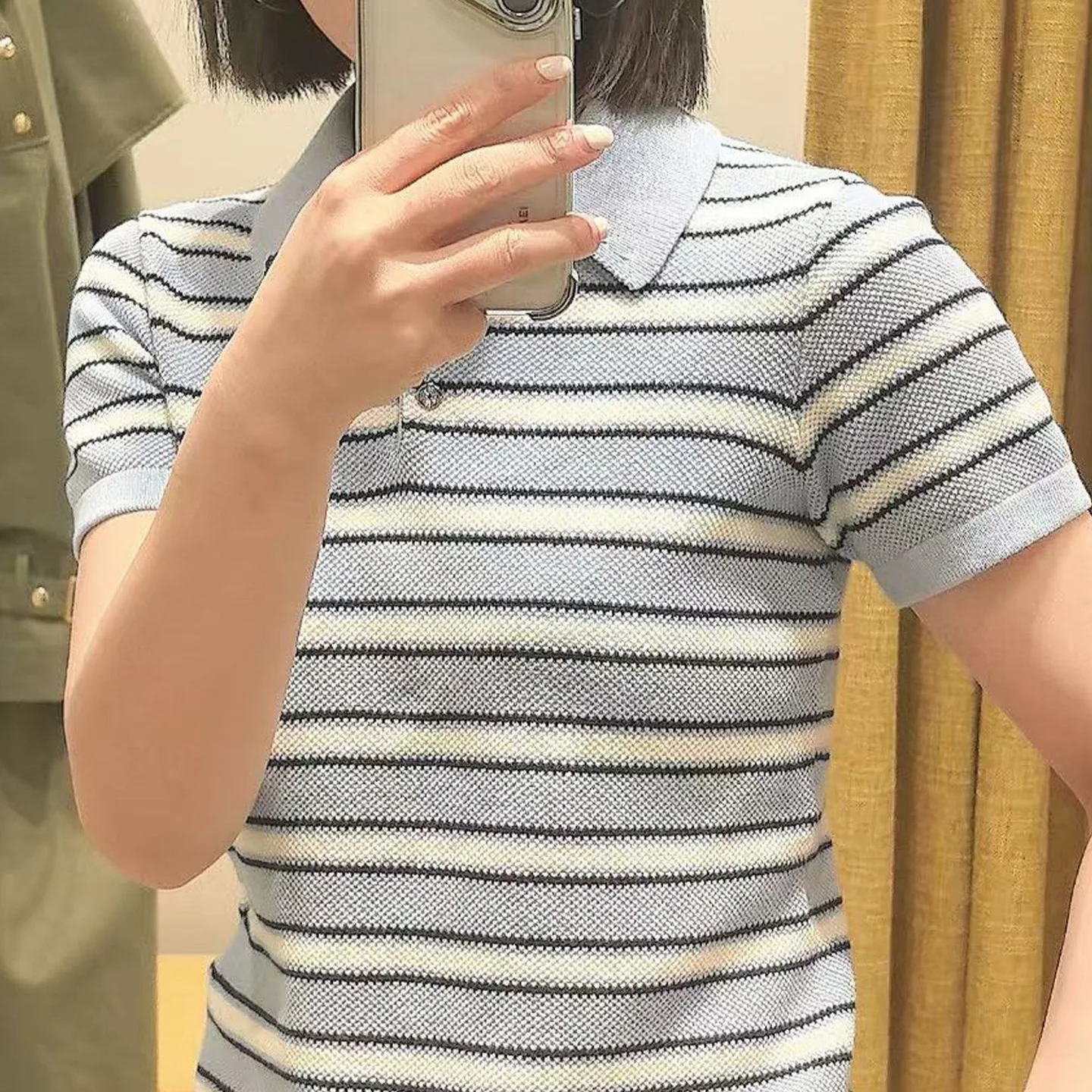 

2025 Women's Elegant Sweater Short Sleeve Slim Striped Lapel Fashion Ladies Top