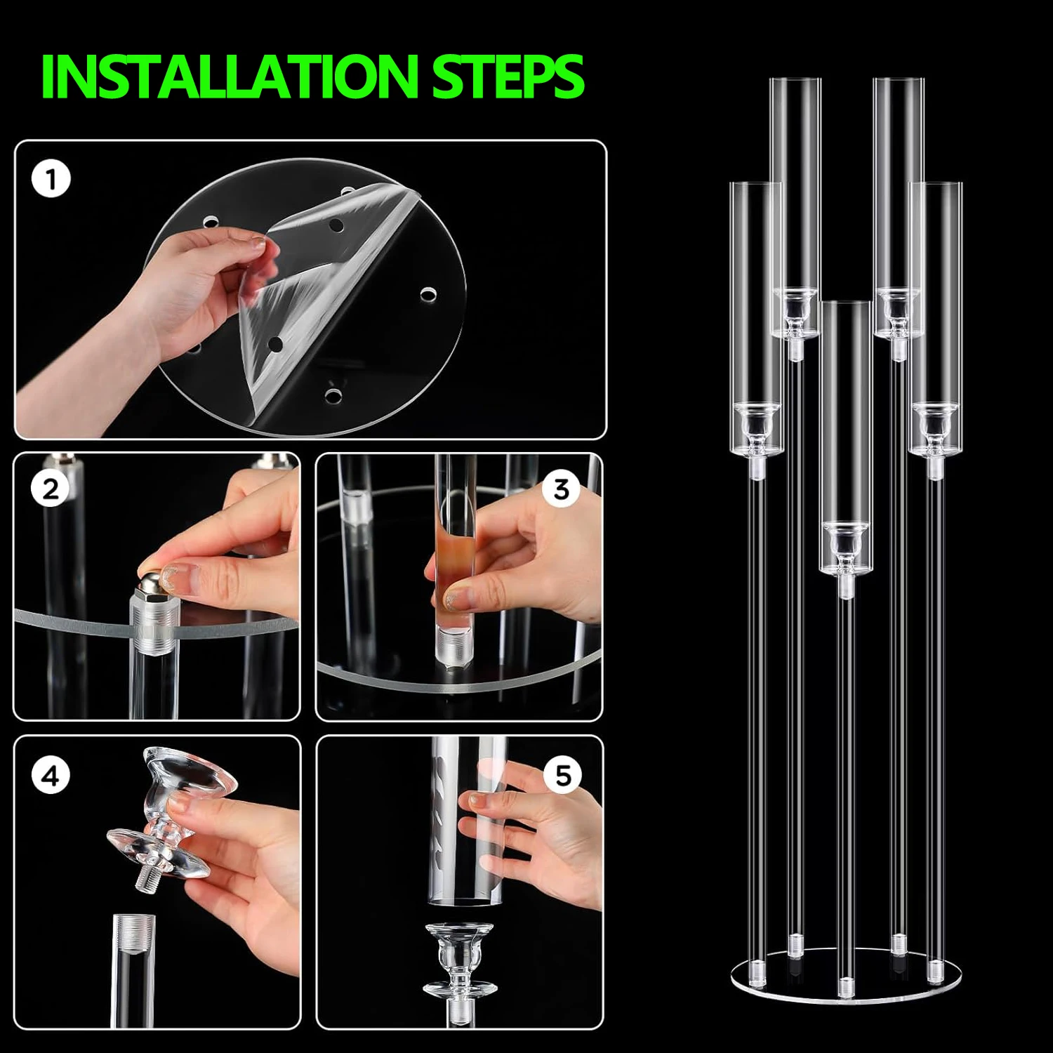 12PCS Acrylic 5 Arm Candelabra with 60pcs LED Candle for Wedding Clear Floor Candelabra Candlestick Holder for Table Centerpiece view 6