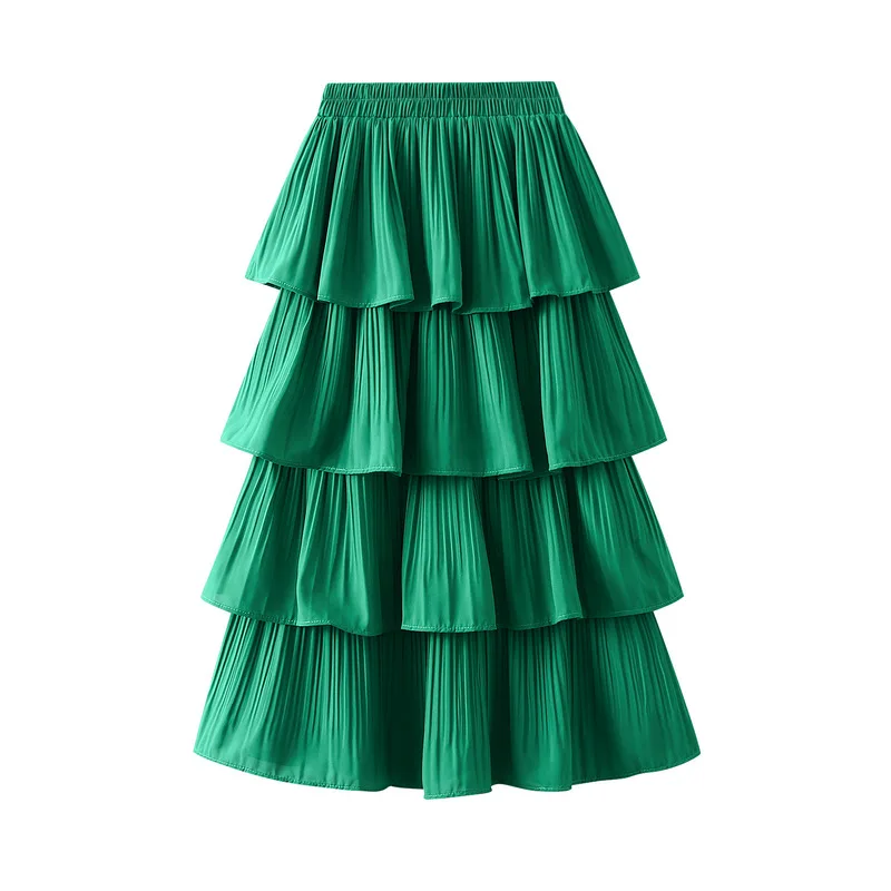 Women's Wooden Ear Stitching Pleated Mini Skirt, Big Swing Skirt, New Mid Length Cake Skirt, Long Short Skirt, Summer, 2023