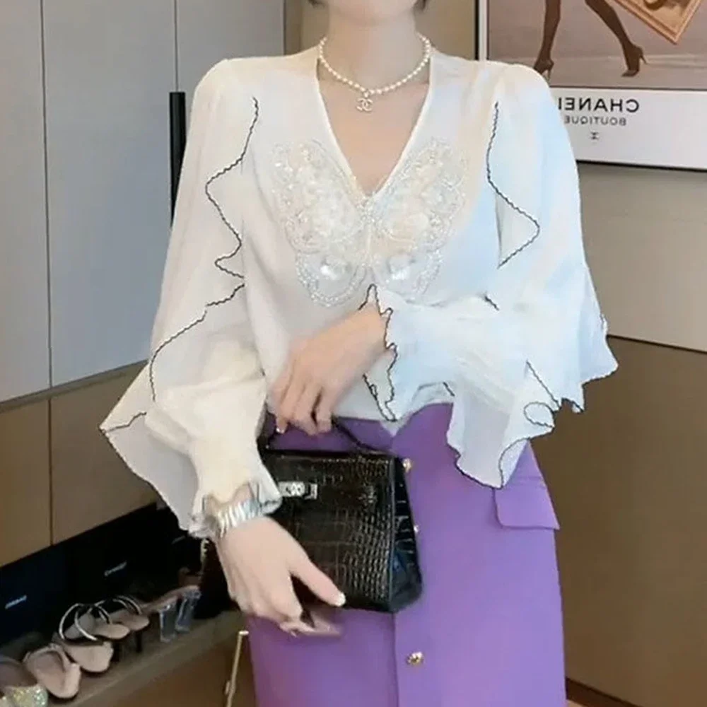 Small shirt, fashionable socialite, butterfly sequin new style shirt, women's flesh, slimming shirt trend  women tops