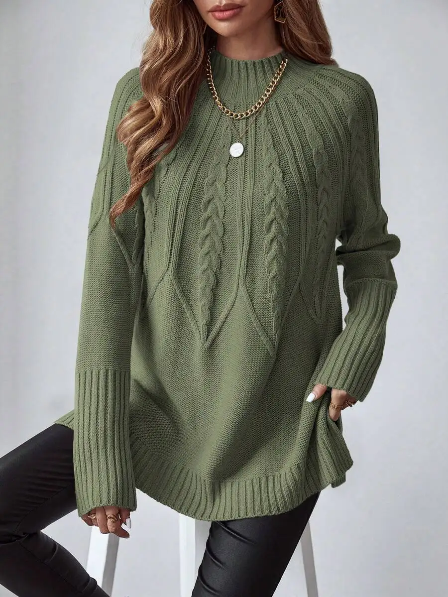 

Оливково-зеленый вязаный свитер оверсайз с ребристыми манжетами и подолом