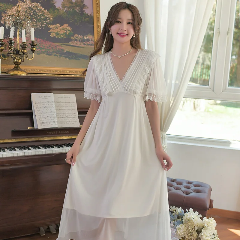 Vintage V-neck Short Sleeve Princess Long Nightgowns For Women Summer Modal Gzuze Lace  Long Sleepwear