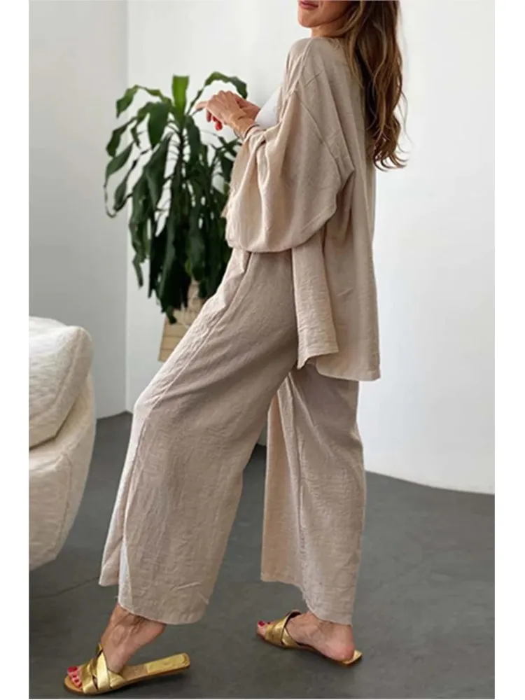 2 Pcs/Set Cardigan Pants Set Women Casual Solid Color Loose Wide Leg Pants Long Sleeve Top Suit Female Soft Lady Coat