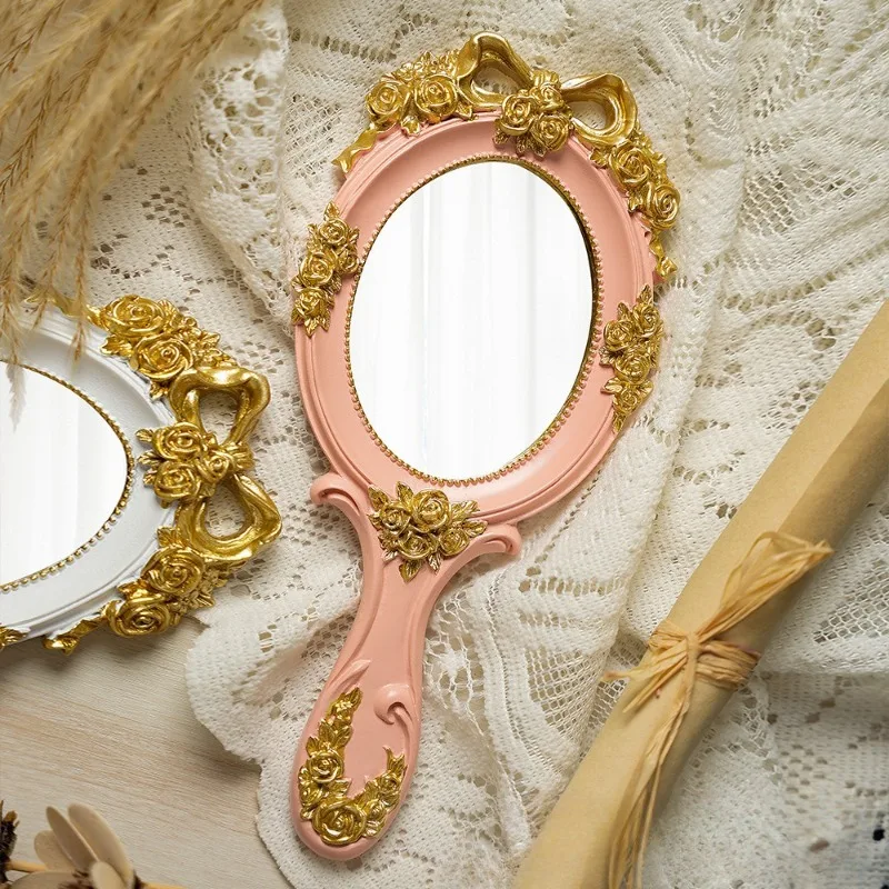مرآة كلاسيكية محمولة باليد، مكياج مدمج للسفر، جميل ومحمول بيضاوي منقوش من الراتنج، مرايا يدوية هدية لفتاة الأم #2