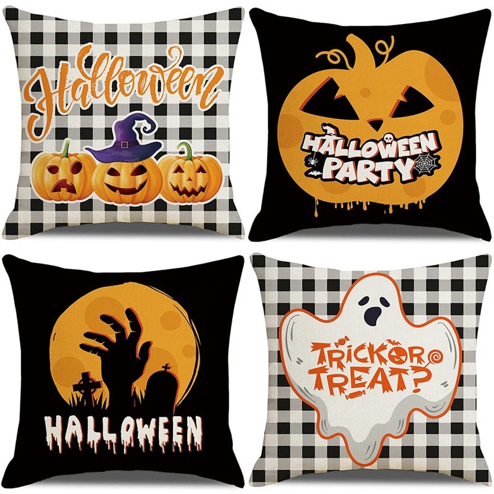 

Trick or Treat Halloween Decorations Pillow Cover 18x18 Inches Funny Pumpkin Check Cushion Cover Home Decor Pillowcase for Party