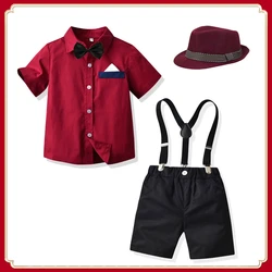 Baby Clothes Set Fashion Summer Kids Boys' Wine Red Shirt Strap Shorts Set Gentlemen Suit Wedding Birthday Performance Clothing